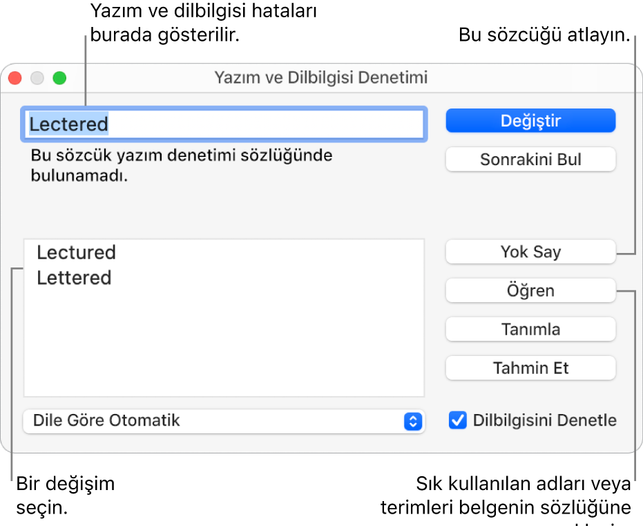 Yazım ve Dilbilgisi Denetimi penceresi.