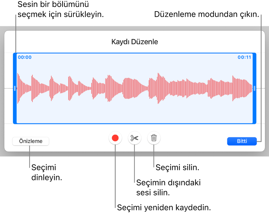 Kaydedilen sesi düzenleme denetimleri. Tutamaklar kaydın seçilen kısmını gösterir; Önizleme, Kaydet, Kes, Sil ve Düzen Modu düğmeleri aşağıdadır.