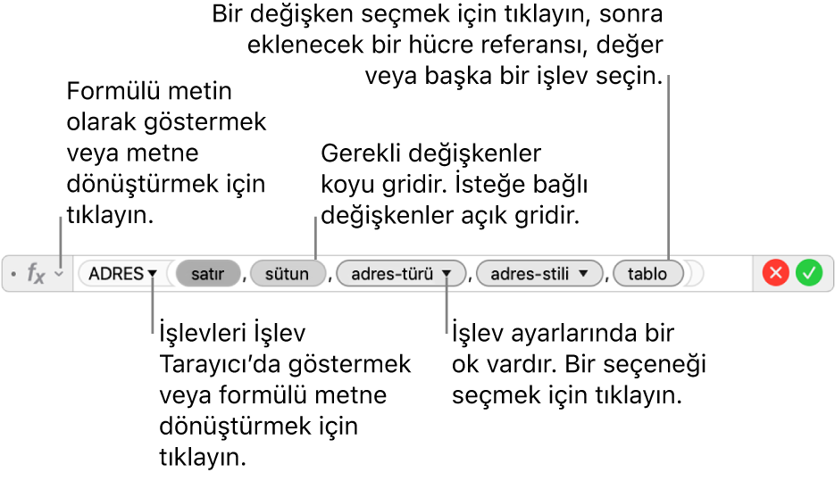 ADRES işlevini ve bağımsız değişken göstergelerini gösteren Formül Düzenleyici.