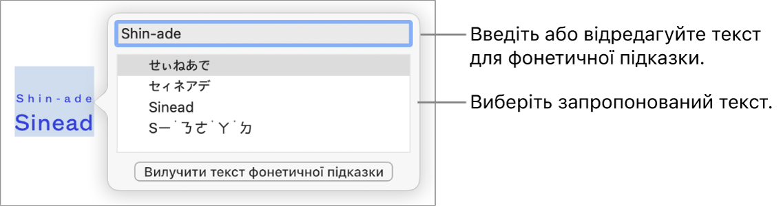 Фонетична підказка для слова з виносками на текстове поле й варіанти тексту.