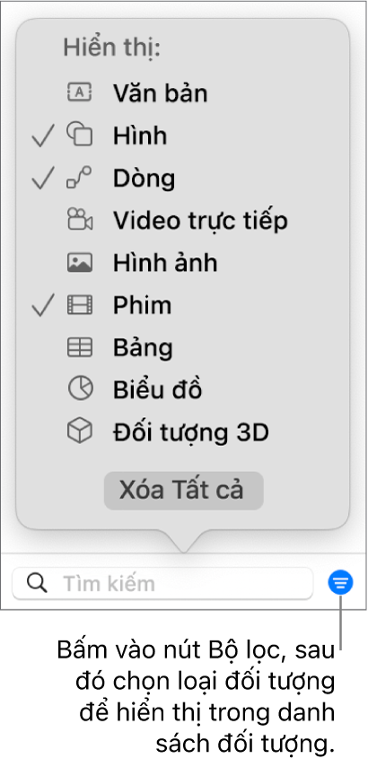 Menu bật lên Bộ lọc, với một danh sách các loại đối tượng mà danh sách có thể bao gồm (văn bản, hình, đường, hình ảnh, phim và biểu đồ).