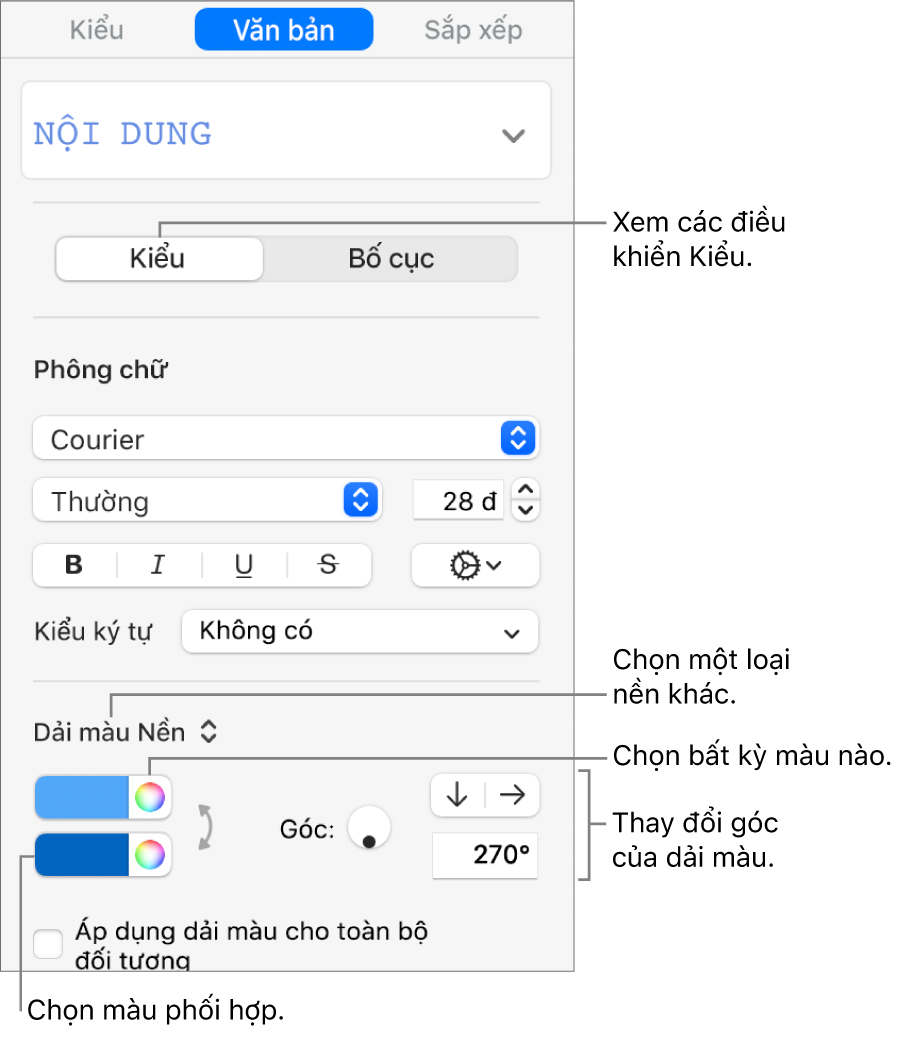 Các điều khiển để chọn màu được thiết kế sẵn hoặc bất kỳ màu nào.