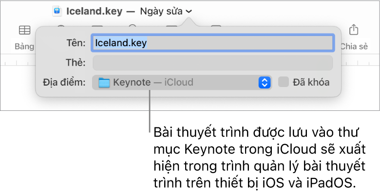 Hộp thoại Lưu cho bài thuyết trình với Keynote – iCloud trong menu bật lên Vị trí.