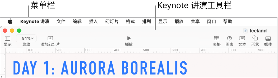 屏幕顶部的菜单栏包含苹果、“Keynote 讲演”、“文件”、“编辑”、“插入”、“格式”、“排列”、“显示”、“播放”、“共享”、“窗口”和“帮助”菜单。菜单栏下方是打开的 Keynote 演示文稿，顶部一排是工具栏按钮：显示、缩放、添加幻灯片、播放、表格、图表、文本、形状和媒体。