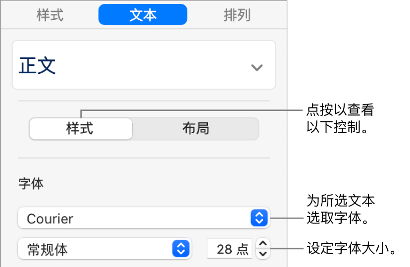 边栏的“样式”部分中用于设定字体和字体大小的文本控制。