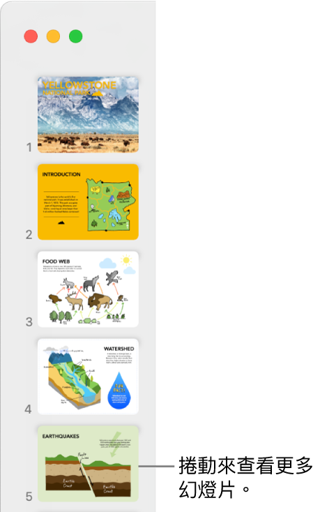 幻燈片導覽器按順序垂直描繪了五張幻燈片，附有向下捲動以檢視更多幻燈片的選項。