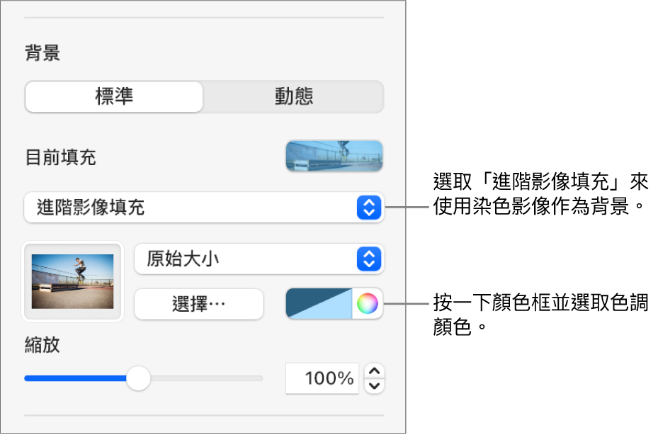 「背景」控制項目包含設為幻燈片背景的染色「進階影像填充」。