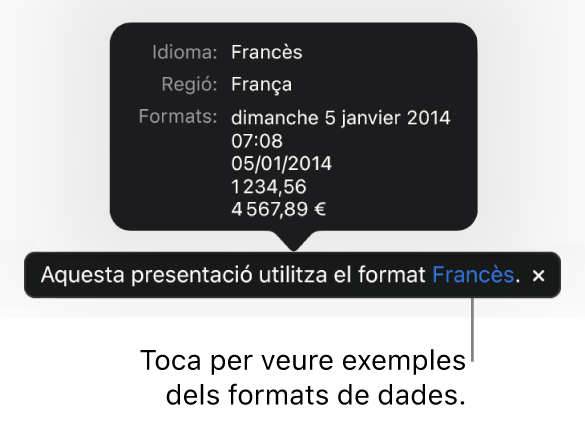 La notificació de la diferència de configuració d’idioma i regió, amb exemples del format d’aquell idioma i regió.