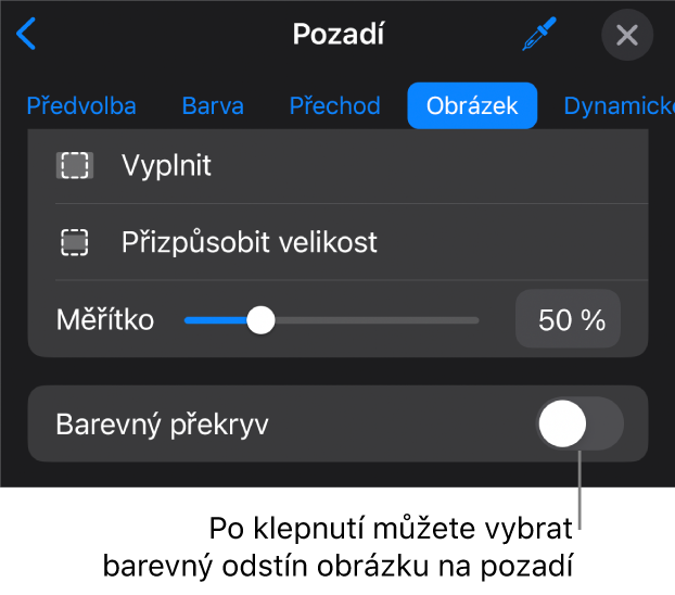 Ovládací prvky Pozadí kde je vidět obrázek nastavený jako pozadí snímku a dole ovládací prvek Barevný překryv