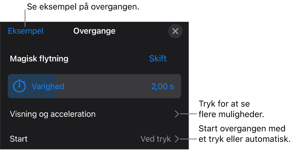 Betjeningsmuligheder til Magisk flytning i vinduet Overgange.