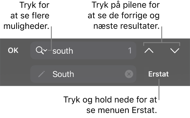 Betjeningsmuligheder til Find & erstat over tastaturet med knapperne Erstat, Gå op og Gå ned og en pil til Søgeindstillinger.