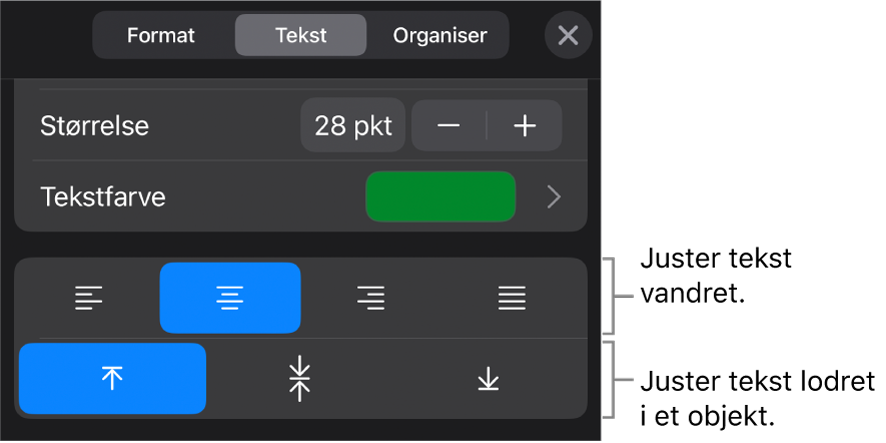 Justering til knappen Format med billedforklaringer til knapperne til tekstjustering.