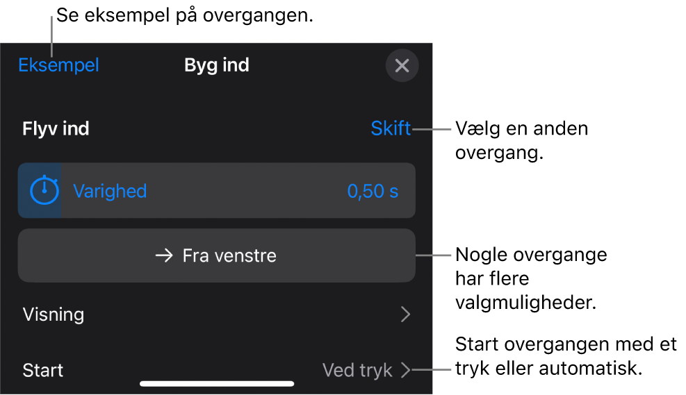 Betjeningsmuligheder til ændring af en overgang i vinduet Indstillinger.