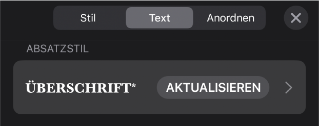 Ein Absatzstil, neben dem sich rechts ein Stern und eine Taste „Aktualisieren“ befindet