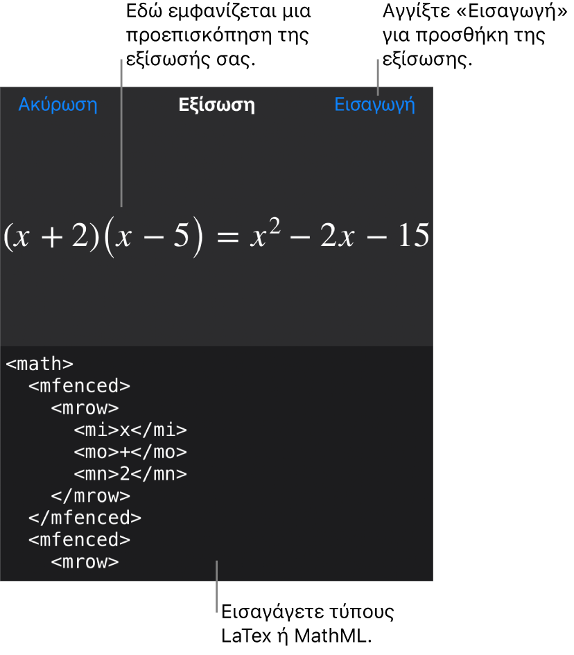 Το πλαίσιο διαλόγου «Εξίσωση», στο οποίο εμφανίζεται μια εξίσωση που έχει γραφεί με χρήση εντολών MathML και μια προεπισκόπηση του τύπου από πάνω.