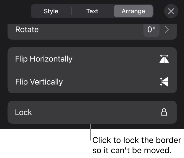 The Arrange controls in the Format menu with the Lock button called out.