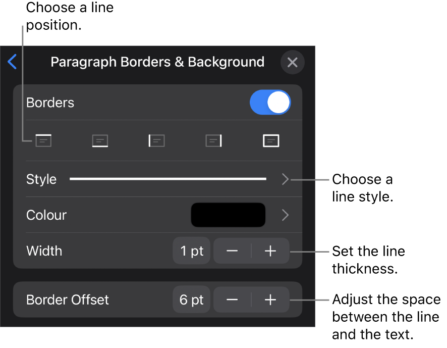 Controls to change the line style, thickness, position and colour.