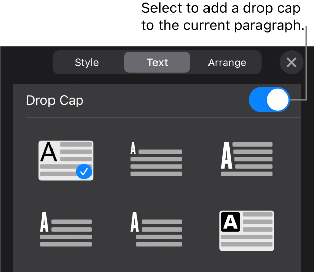 The Drop Cap controls located in the Text menu.