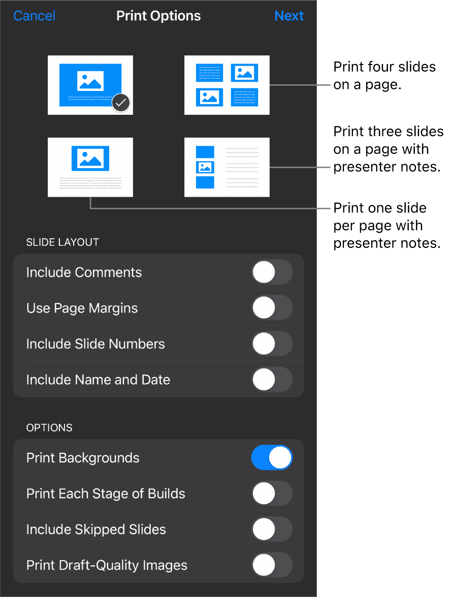 Print layout options.