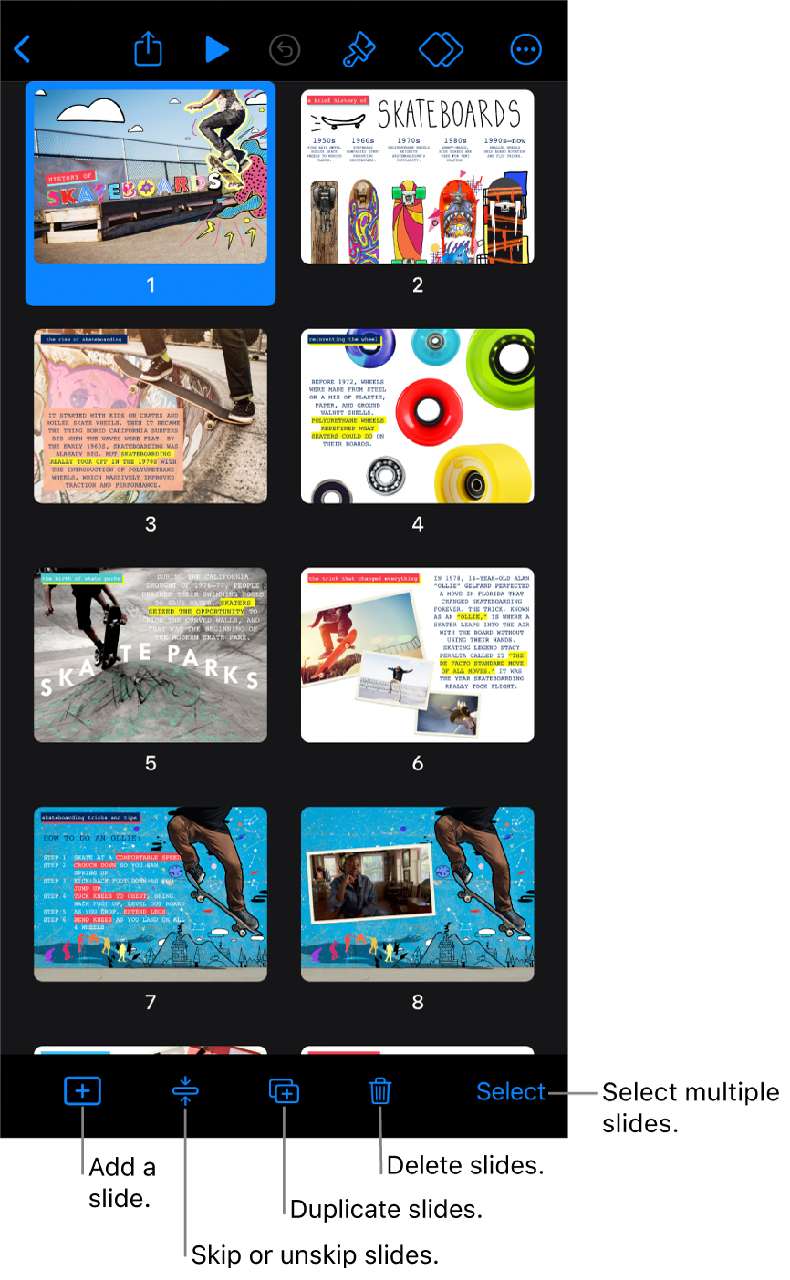 Light table view with buttons at the bottom of the screen for adding, skipping, duplicating, and deleting slides, and for selecting multiple slides.