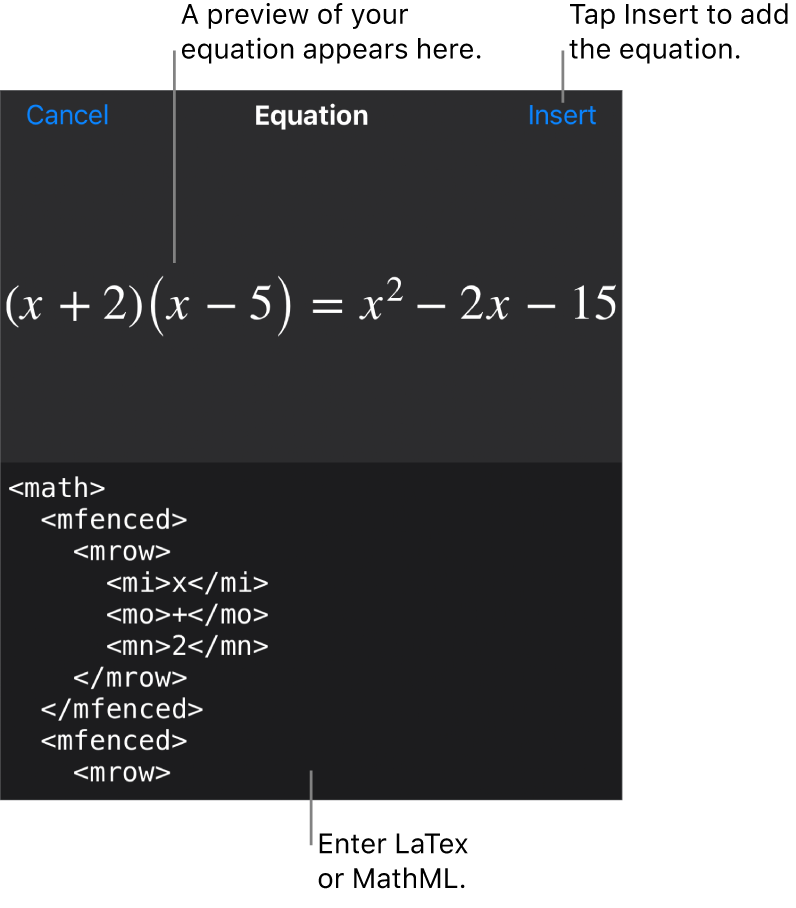 The Equation dialog, showing an equation written using MathML commands, and a preview of the formula above.