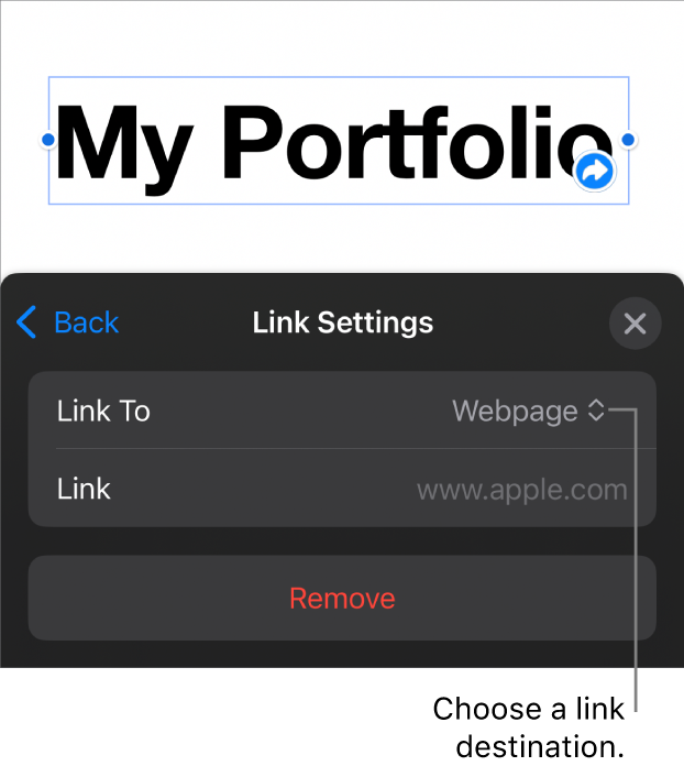 The Link Settings controls with Webpage selected, and the Remove button at the bottom.