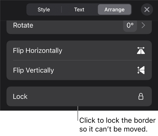 The Arrange controls in the Format menu with the Lock button called out.