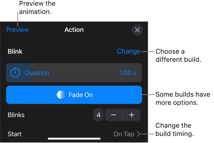 Build options include Duration and Start timing. Tap Change to choose a different build, or tap Preview to preview the build.