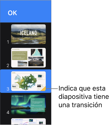 Un triángulo amarillo sobre una diapositiva indica que la diapositiva posee una transición.