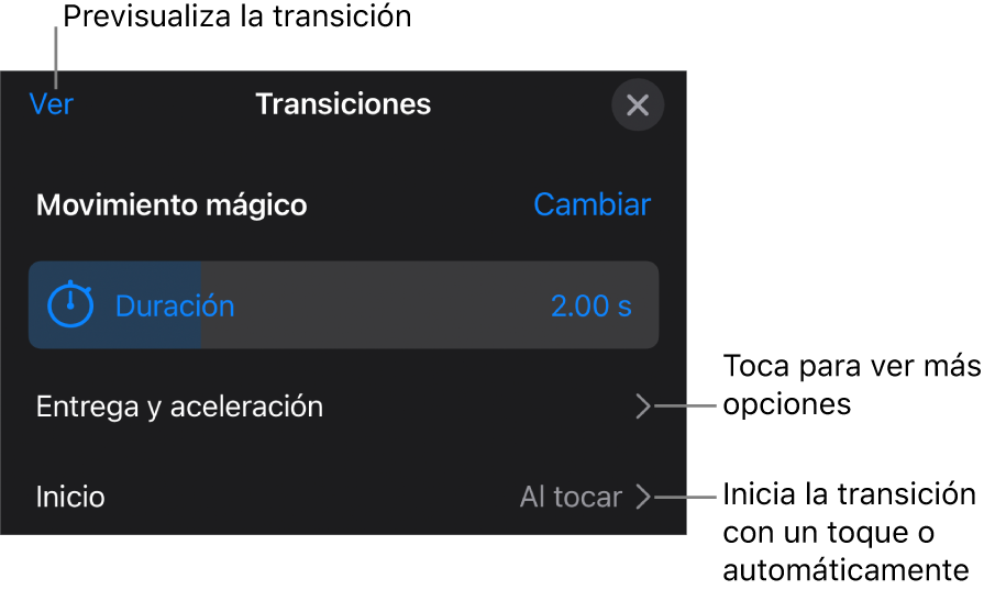 Controles de Movimiento mágico en el panel Transiciones.