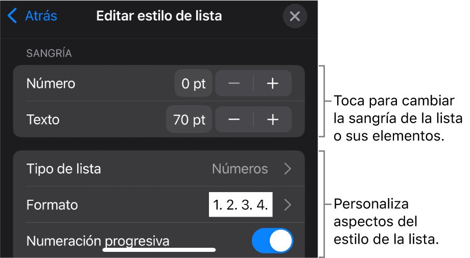 El menú Editar estilo de lista con controles para editar el tipo y aspecto de la lista.