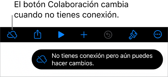 Los botones en la parte superior de la pantalla, donde el botón Colaboración cambió a una nube con una línea diagonal que la atraviesa. Una alerta en la pantalla muestra el mensaje: No tienes conexión pero aún puedes hacer cambios.