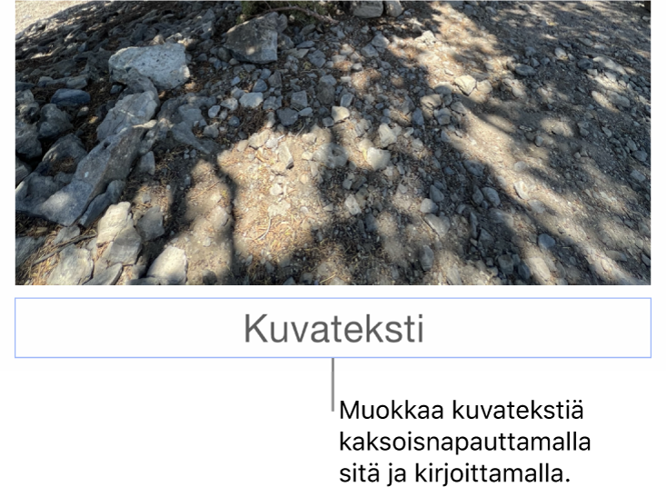 Paikanvaraajakuvateksti ”Kuvateksti” näkyy kuvan alla, siniset ääriviivat kuvatekstikentän ympärillä osoittavat, että se on valittuna.