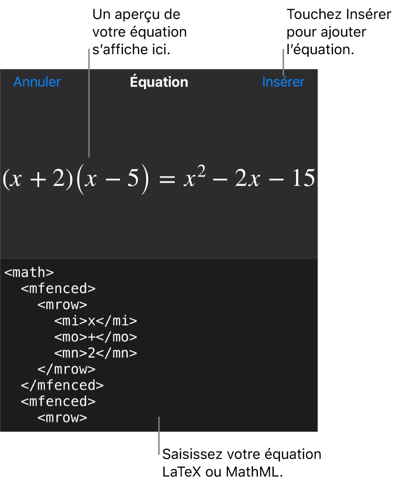 Zone de dialogue Équation, affichant une équation composée à l’aide des commandes MathML, et un aperçu de la formule au-dessus.