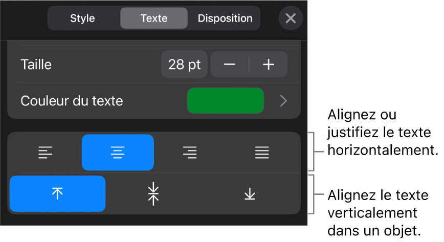 La section Alignement du bouton Format, avec des légendes pour les boutons d’alignement de texte.