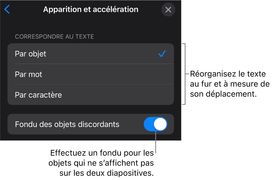 Options d’apparition et d’accélération des transitions Métamorphose dans la sous-fenêtre Accélération.