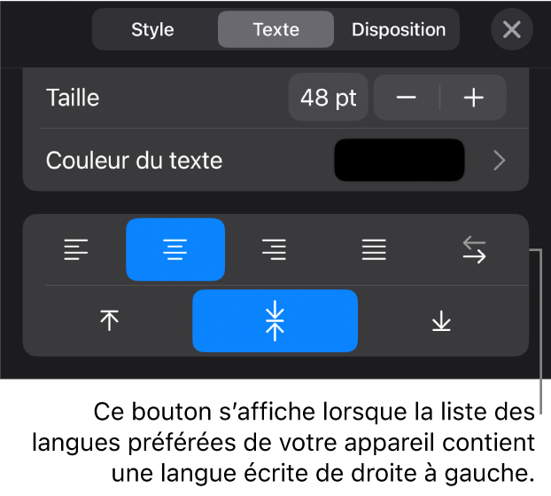 Les commandes de texte dans le menu Format avec une légende vers le bouton « De droite à gauche ».