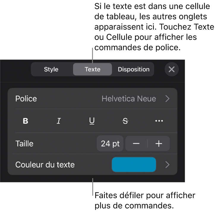 Commandes de texte du menu Format permettant de définir les styles, la police, la taille et la couleur des paragraphes et des caractères.