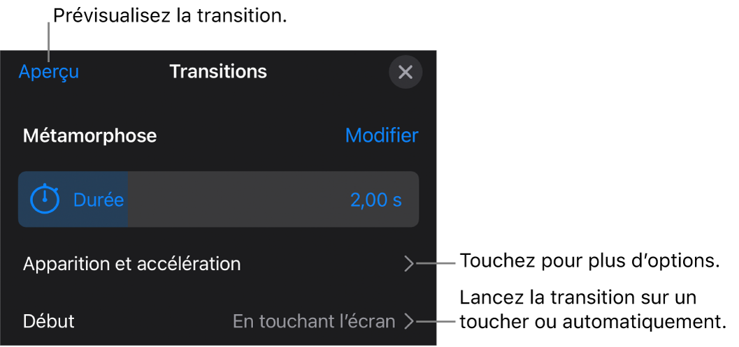 Commandes Métamorphose de la sous-fenêtre Transitions.