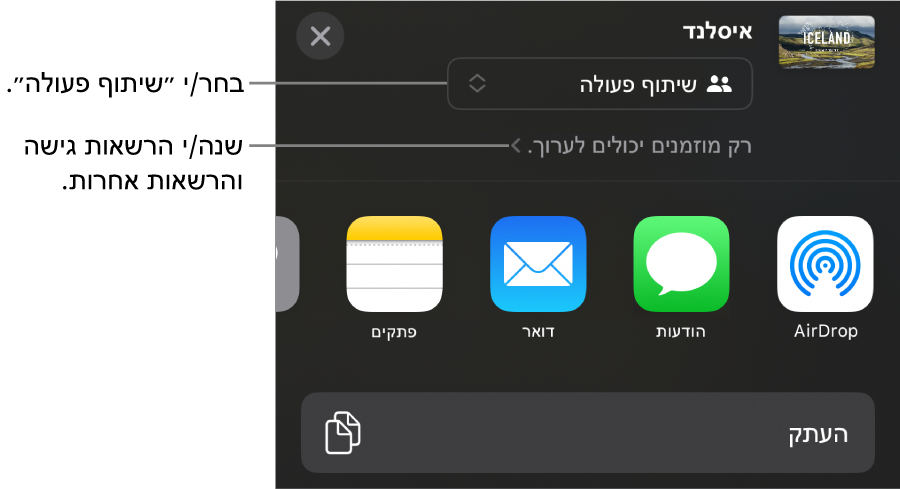 תפריט השיתוף כאשר האפשרות ״שיתוף פעולה״ נבחרת בחלק העליון ומתחתיה הגדרות הגישה וההרשאות.