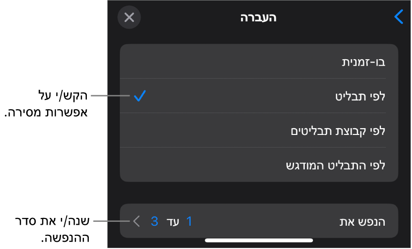 אפשרויות ״העברה״ בחלונית ״הנפשת כניסה״.