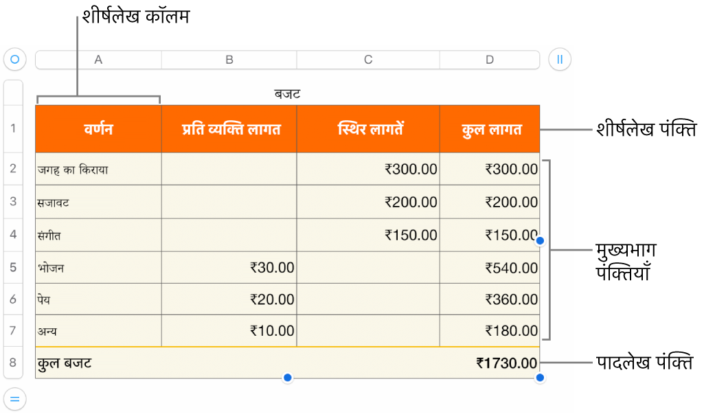 हेडर , मुख्य भाग, और फ़ुटर पंक्तियाँ और कॉलम, और पंक्तियाँ या कॉलम जोड़ने या डिलीट करने के हैंडल दिखाता टेबल।