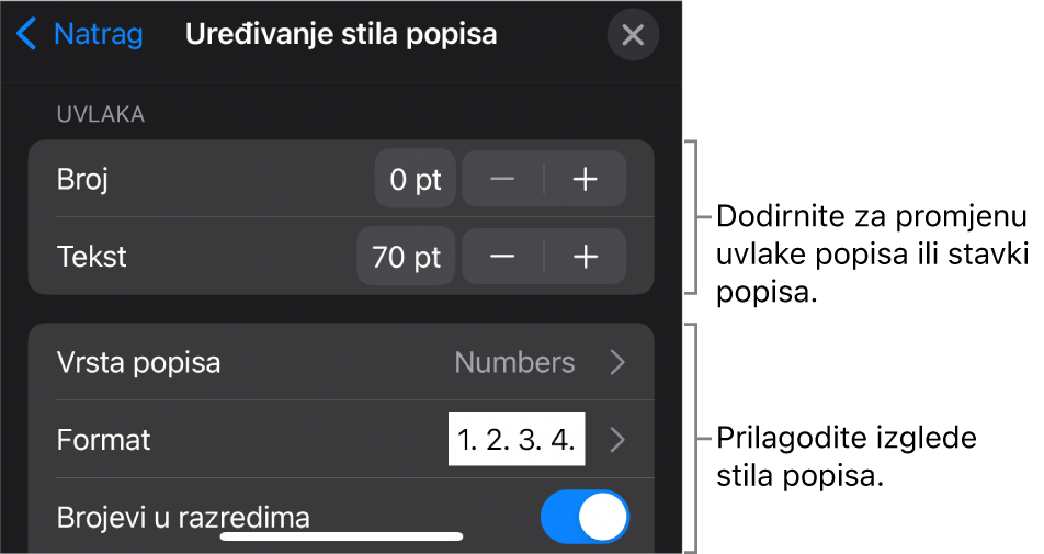 Izbornik Uredi stil popisa s kontrolama za uređivanje vrste i izgleda popisa.