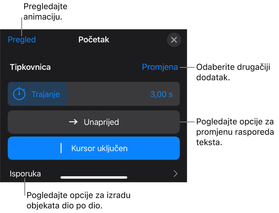 Opcije izdanja uključuju Trajanje, Animaciju teksta i Isporuku. Dodirnite Promijeni za odabir drugog izdanja, ili dodirnite Pretpregled za pregled izdanja.