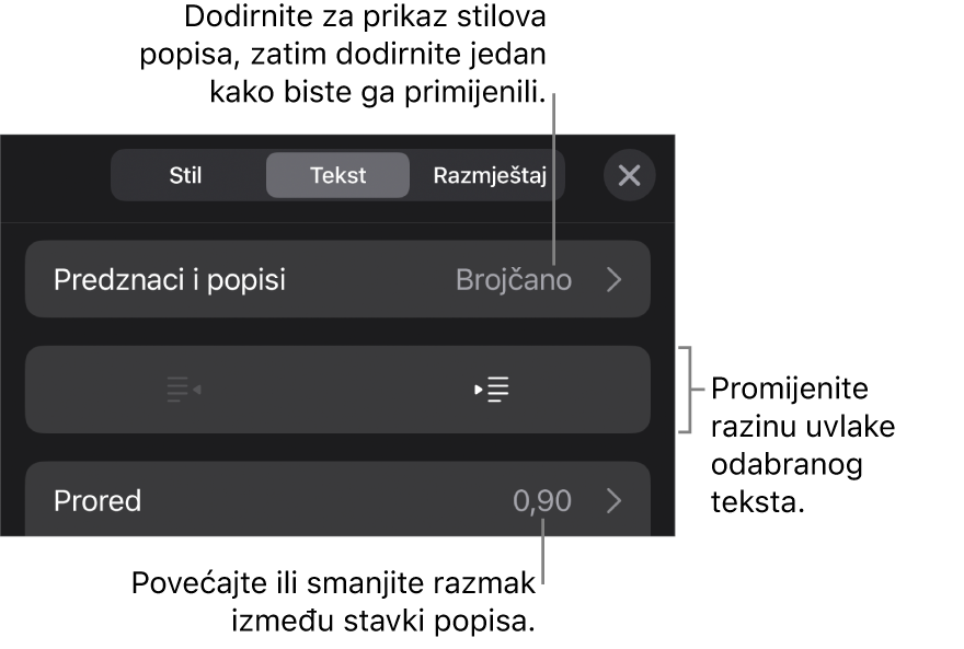 Odjeljak Predznaci i popisi kontrola formatiranja s oblačićima na Predznake i popise, tipke za izvlake i uvlake i kontrole razmaka između redaka.