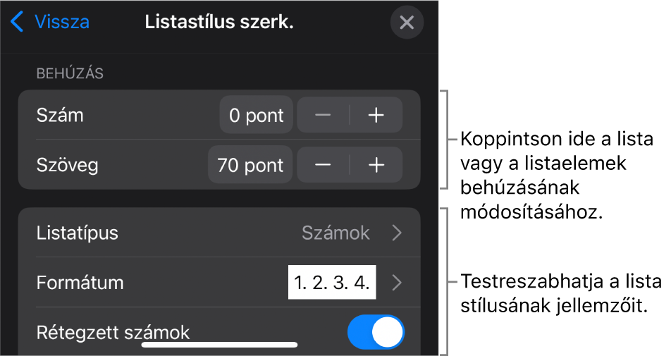 A Listastílus szerkesztése menü a lista típusának és a megjelenésének szerkesztésére szolgáló vezérlőkkel.