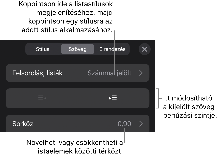 A Formátum vezérlők Felsorolások és listák része, a Felsorolásokat és a listákat, a kihúzás és a behúzás gombokat, valamint a sor térköz vezérlőket jelölő feliratokkal.