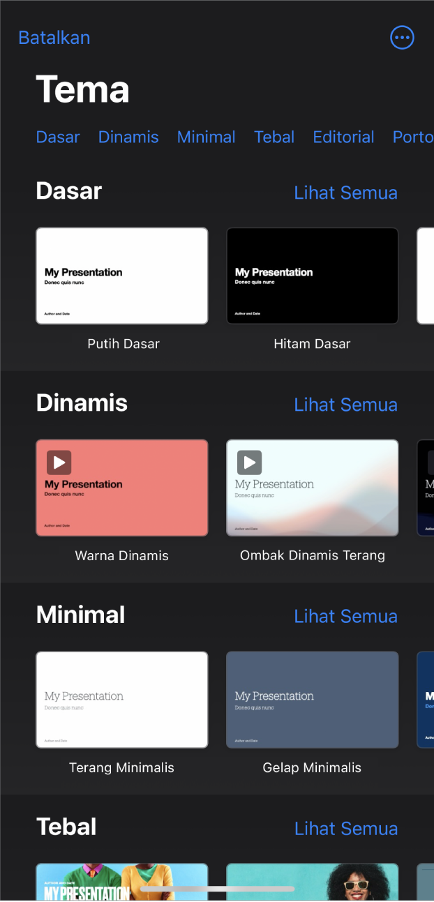 Pemilih tema, menampilkan baris kategori di sepanjang bagian atas yang dapat Anda ketuk untuk memfilter pilihan. Di bawah terdapat gambar mini tema yang dirancang sebelumnya yang diatur dalam baris menurut kategori.