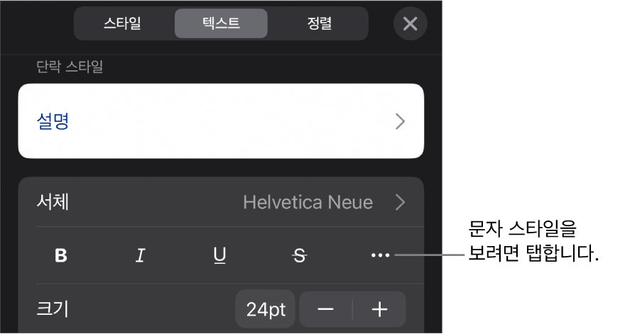 상단에 단락 스타일이 있고 그 아래에 서체 제어기가 있는 포맷 제어기. 서체 아래에는 볼드체, 이탤릭체, 밑줄체, 취소선 및 추가 텍스트 옵션 버튼이 있음.