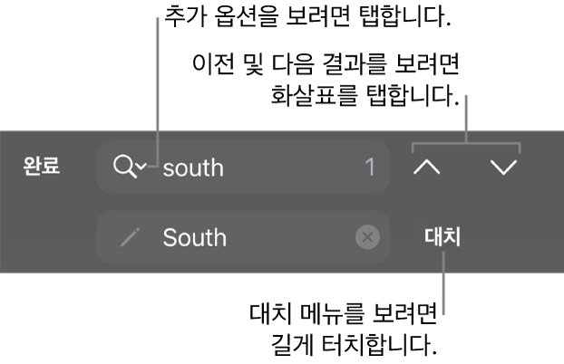 대치, 위로 이동 및 아래로 이동 버튼 및 검색 옵션을 탭하는 화살표가 있는 키보드 상단의 찾기 및 대치 제어기.